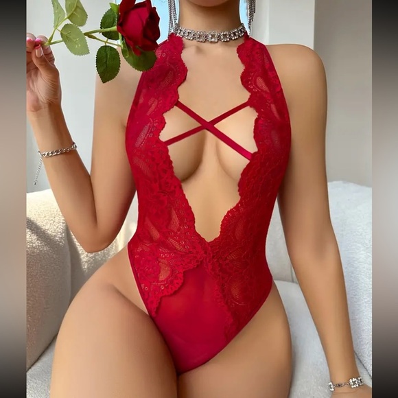 Other - Strappy Red Lace Deep V Teddy